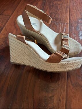 Michael Kors Tan Leather Espadrille Wedge Sandals with Gold Buckles